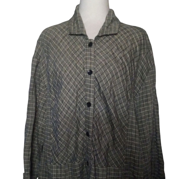 Flax Black Cream Button Front Grid Print 100% Linen Shacket Front Pockets Large - Picture 2 of 8